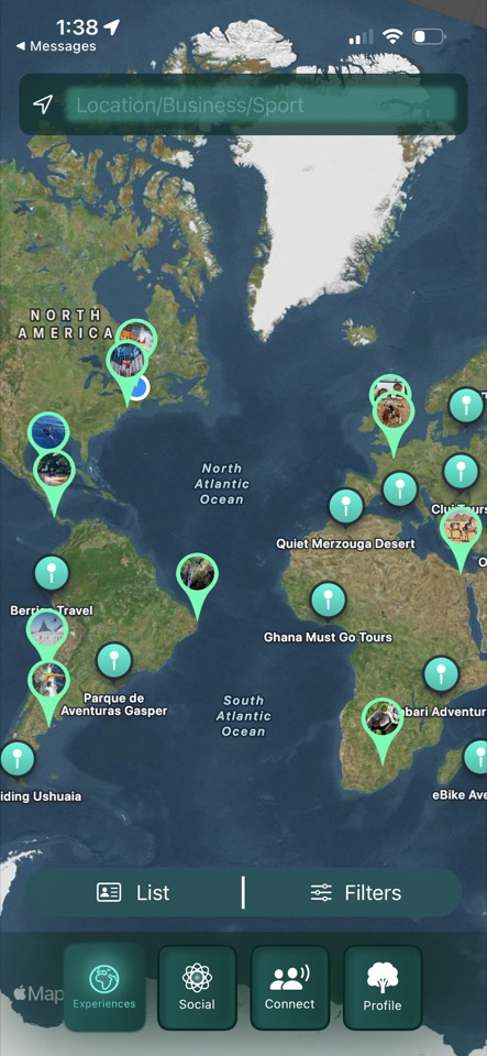Exad app screen showing global adventure map discovery