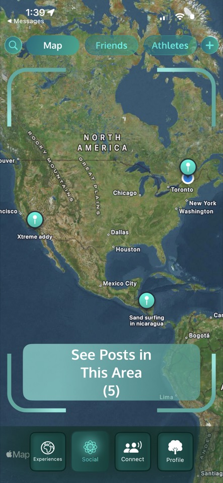 Exad app map screen with nearby adventure opportunities