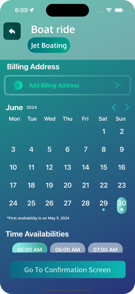 Exad app booking screen with date and time availability