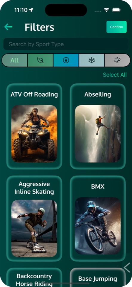 Exad app filters screen with sport categories and activity cards